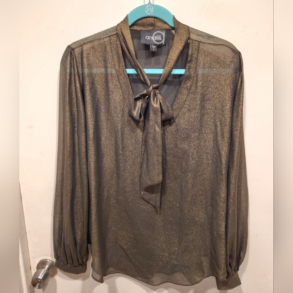 Analili Women's Sheer Gold & Black Long Sleeve Blouse W/Neck Tie Sz L Party
